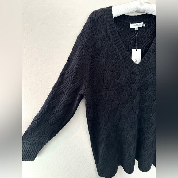 CALVIN KLEIN | Plus Size Black Cable Knit Sweater V-Neck Pullover NWT | 1X - Picture 3 of 8